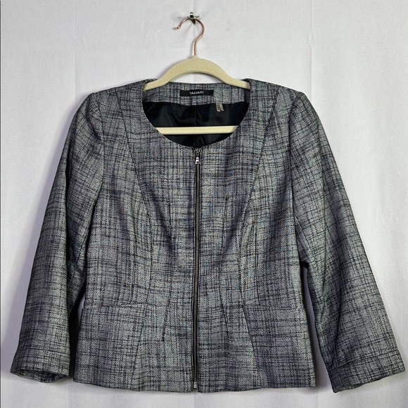 Tahari Jackets & Blazers - Tahari Tweed Jacket Gray Black Lined Full Zip Front 3/4 Sleeve Blazer